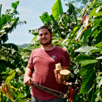 Farmer holding cacao pod cut open and a machete in between trees